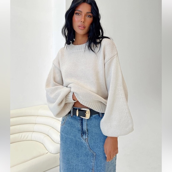 Princess Polly Sweaters - Princess Polly Harmony Balloon Sleeve Knit Sweater Beige / Size S/M